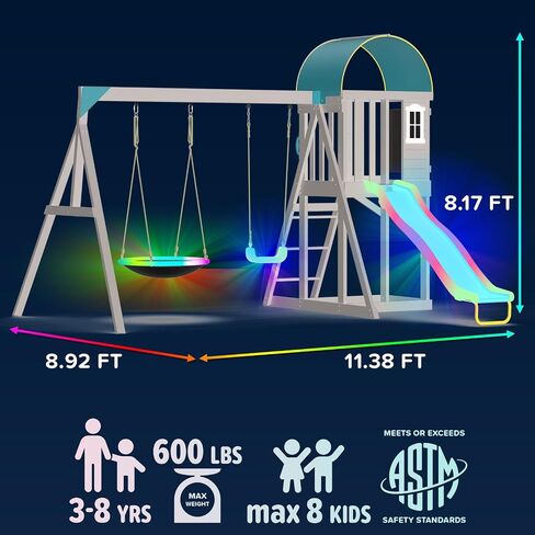Sportspower Amelia Galaxy Cedar Wooden Swing Set for Night Play with 2 LED Swings, Play Fort, Sandbox, Heavy Duty Double A-Frame, on 6ft LED Slide, Bonus Anchor Kit in Kuwait