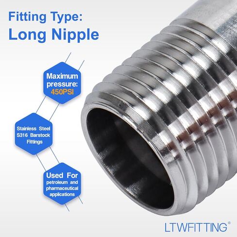 LTWFITTING الفولاذ المقاوم للصدأ 316 الأنابيب 2-1/2 بوصة طويلة الحلمة المناسب 1/2 بوصة ذكر NPT (حزمة من 2) in Kuwait