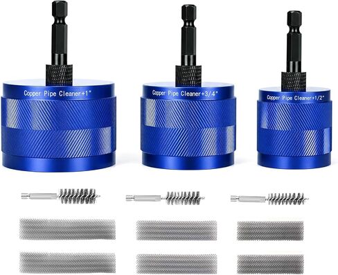 1/2", 3/4" & 1" Copper Pipe Cleaner for Drill, with 1/4" Hex Shank & 6 Brush Blades & 3 Internal Wire Bore Brushes for Drill, Plumbing Tools for Cleaning, Polishing & Removing Rust (Blue) in Kuwait
