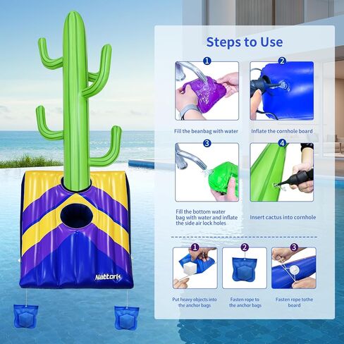 ألعاب Nattork Pool - ألعاب Pool Cornhole & Ring Toss 2in1 للبالغين والعائلة - 6 أكياس فول مع أكياس مرساة لجانب حمام السباحة والفناء الخلفي - لعبة حلقة السباحة الصيفية المحمولة القابلة للنفخ in Kuwait