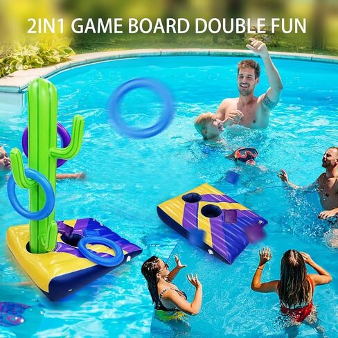 ألعاب Nattork Pool - ألعاب Pool Cornhole & Ring Toss 2in1 للبالغين والعائلة - 6 أكياس فول مع أكياس مرساة لجانب حمام السباحة والفناء الخلفي - لعبة حلقة السباحة الصيفية المحمولة القابلة للنفخ in Kuwait