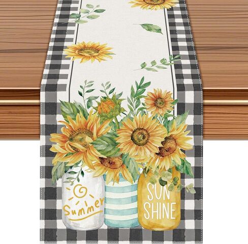 Sunflower Table Runner, Buffalo Plaid, 72 x 13 Inch | Summer Sunshine Mason Jar Design, Farmhouse Style in Kuwait