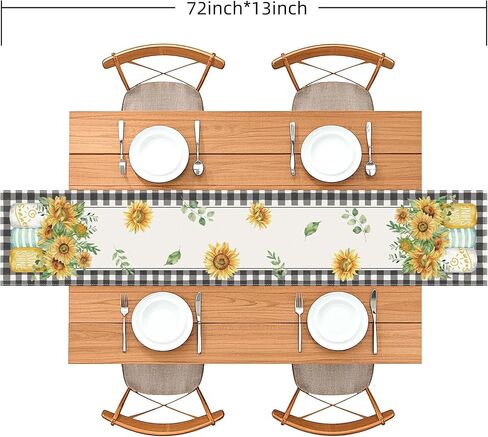 Sunflower Table Runner, Buffalo Plaid, 72 x 13 Inch | Summer Sunshine Mason Jar Design, Farmhouse Style in Kuwait