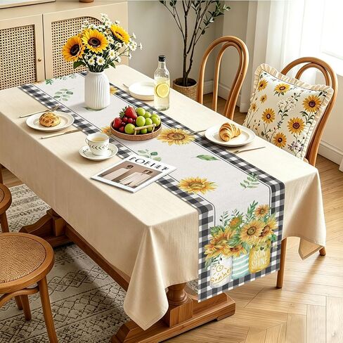 Sunflower Table Runner, Buffalo Plaid, 72 x 13 Inch | Summer Sunshine Mason Jar Design, Farmhouse Style in Kuwait