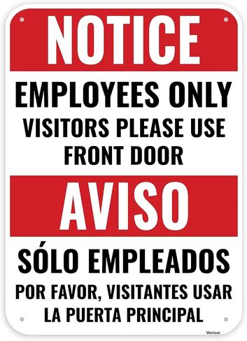 1PC Employee Entrance Only Sign Bilingual, 14 x 10 Inches - Aluminum - Visitors Please Use Front Door - Employees Staff Only Beyond This Point Private Entrance in Kuwait