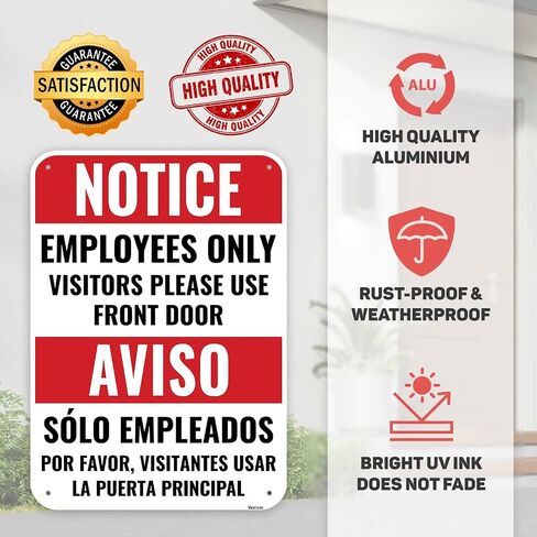 1PC Employee Entrance Only Sign Bilingual, 14 x 10 Inches - Aluminum - Visitors Please Use Front Door - Employees Staff Only Beyond This Point Private Entrance in Kuwait
