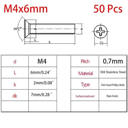 50 Pcs M4-0.7x6mm Flat Head Machine Screws, Phillips Cross Screw, Phillips Drive，304 Stainless Steel, Fasteners Bolts，Countersunk Machine Screws in Kuwait
