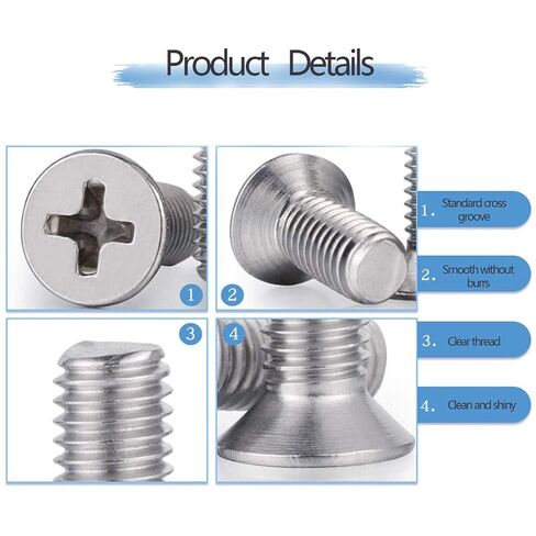 50 Pcs M4-0.7x6mm Flat Head Machine Screws, Phillips Cross Screw, Phillips Drive，304 Stainless Steel, Fasteners Bolts，Countersunk Machine Screws in Kuwait
