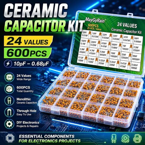 Ceramic Capacitor Kit – 24 Values, 600PCS, 10pF to 0.68µF, Monolithic Capacitors Assortment for Arduino, DIY Electronics, Power Supply, Audio Circuits (24Values*25pcs=600pcs) in Kuwait