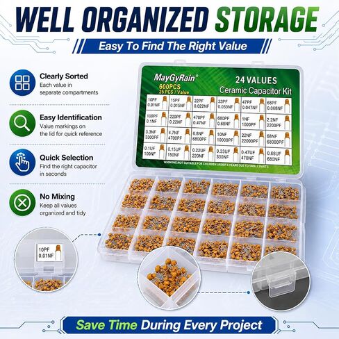 Ceramic Capacitor Kit – 24 Values, 600PCS, 10pF to 0.68µF, Monolithic Capacitors Assortment for Arduino, DIY Electronics, Power Supply, Audio Circuits (24Values*25pcs=600pcs) in Kuwait