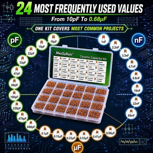 Ceramic Capacitor Kit – 24 Values, 600PCS, 10pF to 0.68µF, Monolithic Capacitors Assortment for Arduino, DIY Electronics, Power Supply, Audio Circuits (24Values*25pcs=600pcs) in Kuwait