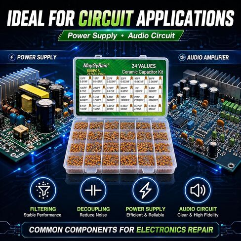 Ceramic Capacitor Kit – 24 Values, 600PCS, 10pF to 0.68µF, Monolithic Capacitors Assortment for Arduino, DIY Electronics, Power Supply, Audio Circuits (24Values*25pcs=600pcs) in Kuwait