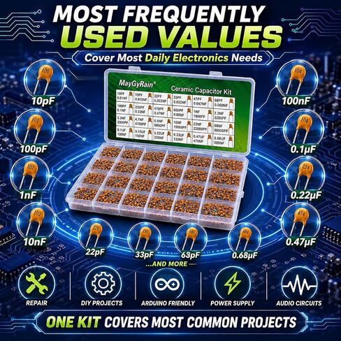 Ceramic Capacitor Kit – 24 Values, 600PCS, 10pF to 0.68µF, Monolithic Capacitors Assortment for Arduino, DIY Electronics, Power Supply, Audio Circuits (24Values*25pcs=600pcs) in Kuwait