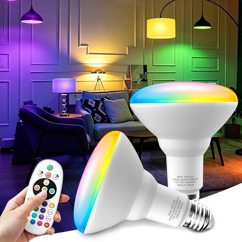 لمبة إضاءة متغيرة الألوان BR30، مصابيح LED قابلة للتعتيم مع جهاز تحكم عن بعد، 100 وات تعادل 1050LM، RGB + 2700K/4000K/6500K ضوء أبيض، E26 متعدد الألوان يمكن لمبات الإضاءة للسقف، 2 حزمة in Kuwait