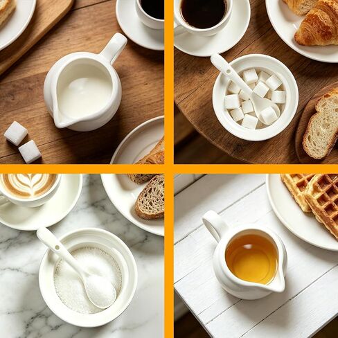 مجموعة السكر والمبيضة الخزفية - طقم أبيض مكون من 3 قطع مع وعاء سكر سعة 7 أونصة، وإبريق كريمة سعة 7 أونصة، وملعقة - مجموعة تقديم القهوة للكونترتوب أو المطبخ (مجموعة السكر والمبيضة) in Kuwait