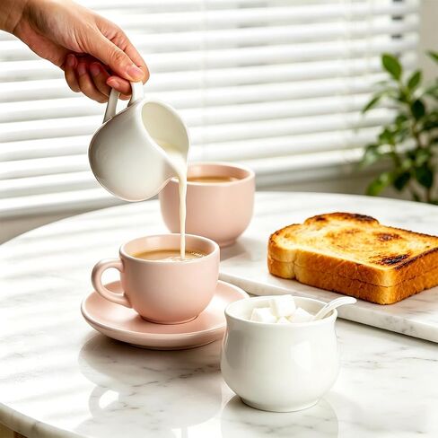 مجموعة السكر والمبيضة الخزفية - طقم أبيض مكون من 3 قطع مع وعاء سكر سعة 7 أونصة، وإبريق كريمة سعة 7 أونصة، وملعقة - مجموعة تقديم القهوة للكونترتوب أو المطبخ (مجموعة السكر والمبيضة) in Kuwait