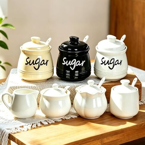 مجموعة السكر والمبيضة الخزفية - طقم أبيض مكون من 3 قطع مع وعاء سكر سعة 7 أونصة، وإبريق كريمة سعة 7 أونصة، وملعقة - مجموعة تقديم القهوة للكونترتوب أو المطبخ (مجموعة السكر والمبيضة) in Kuwait