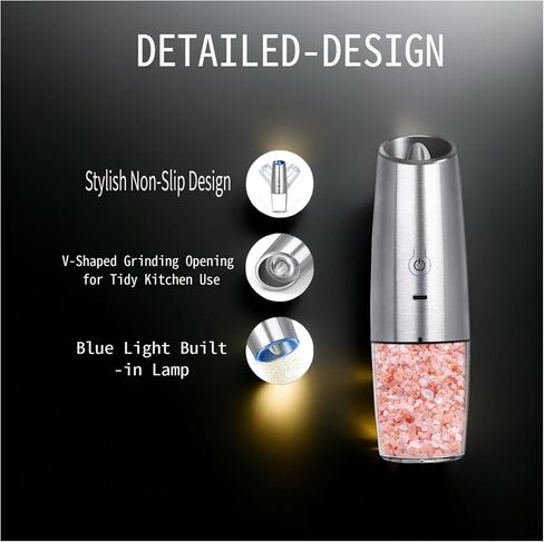 مطحنة ملح وفلفل كهربائية، مطحنة توابل قابلة لإعادة الشحن عبر USB مع ضوء LED يعمل بالجاذبية، موديل فضي 150 مل للطهي في المطبخ، والسفر، والتجمعات in Kuwait