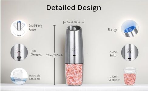 مطحنة ملح وفلفل كهربائية، مطحنة توابل قابلة لإعادة الشحن عبر USB مع ضوء LED يعمل بالجاذبية، موديل فضي 150 مل للطهي في المطبخ، والسفر، والتجمعات in Kuwait