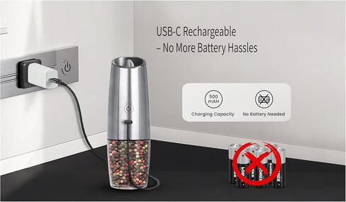 مطحنة ملح وفلفل كهربائية، مطحنة توابل قابلة لإعادة الشحن عبر USB مع ضوء LED يعمل بالجاذبية، موديل فضي 150 مل للطهي في المطبخ، والسفر، والتجمعات in Kuwait
