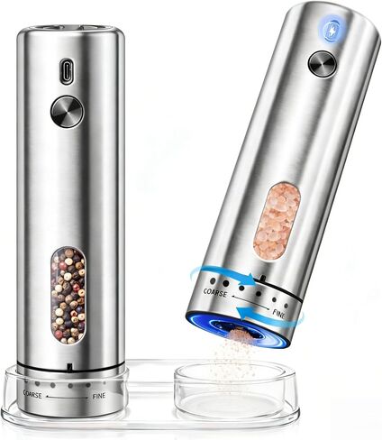 Rechargeable Electric Salt and Pepper Grinder Set with 6 Adjustable Coarseness, Large Capacity, LED Light, Stainless Steel Automatic Pepper Mill - BBQ Accessories, Cooking Gift for Dad, Men Women in Kuwait