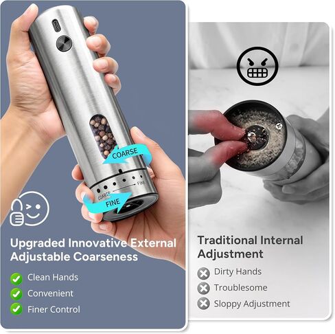 Rechargeable Electric Salt and Pepper Grinder Set with 6 Adjustable Coarseness, Large Capacity, LED Light, Stainless Steel Automatic Pepper Mill - BBQ Accessories, Cooking Gift for Dad, Men Women in Kuwait