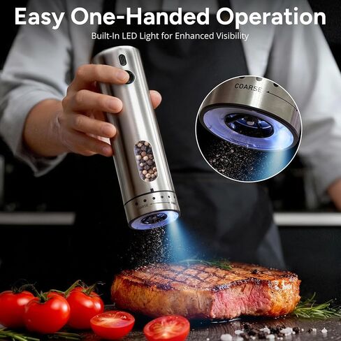Rechargeable Electric Salt and Pepper Grinder Set with 6 Adjustable Coarseness, Large Capacity, LED Light, Stainless Steel Automatic Pepper Mill - BBQ Accessories, Cooking Gift for Dad, Men Women in Kuwait