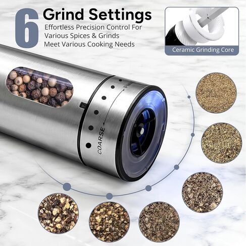 Rechargeable Electric Salt and Pepper Grinder Set with 6 Adjustable Coarseness, Large Capacity, LED Light, Stainless Steel Automatic Pepper Mill - BBQ Accessories, Cooking Gift for Dad, Men Women in Kuwait