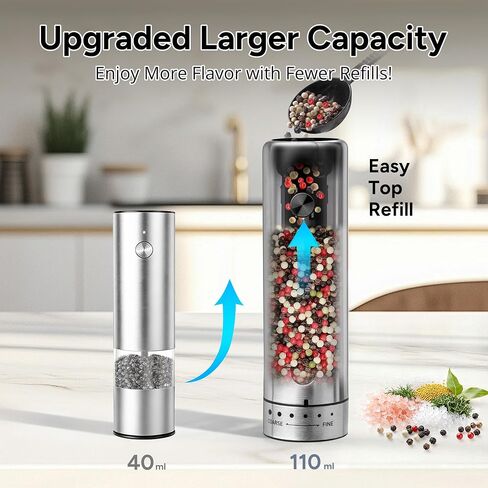Rechargeable Electric Salt and Pepper Grinder Set with 6 Adjustable Coarseness, Large Capacity, LED Light, Stainless Steel Automatic Pepper Mill - BBQ Accessories, Cooking Gift for Dad, Men Women in Kuwait