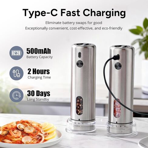 Rechargeable Electric Salt and Pepper Grinder Set with 6 Adjustable Coarseness, Large Capacity, LED Light, Stainless Steel Automatic Pepper Mill - BBQ Accessories, Cooking Gift for Dad, Men Women in Kuwait