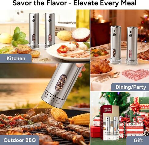 Rechargeable Electric Salt and Pepper Grinder Set with 6 Adjustable Coarseness, Large Capacity, LED Light, Stainless Steel Automatic Pepper Mill - BBQ Accessories, Cooking Gift for Dad, Men Women in Kuwait