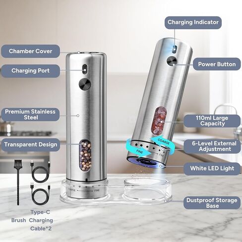 Rechargeable Electric Salt and Pepper Grinder Set with 6 Adjustable Coarseness, Large Capacity, LED Light, Stainless Steel Automatic Pepper Mill - BBQ Accessories, Cooking Gift for Dad, Men Women in Kuwait