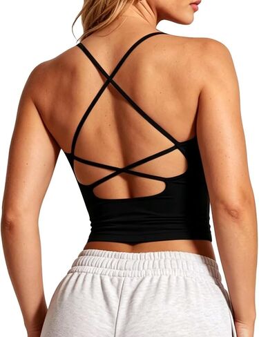TZLDN Women V Neck Backless Workout Tank Tops Built in Bra Padded Strappy Longline Sports Bra Gym Yoga Camisole Crop Top in Kuwait