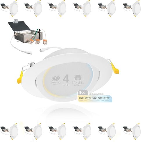 NuWatt 12 Pack, 4 Inch Black Gimbal LED Recessed Lighting, 2700K/3000K/3500K/4000K/5000K Selectable, 630LM, Dimmable, Damp Rated, Canless Adjustable Directional Lights for Sloped Ceilings, Metal J-Box in Kuwait