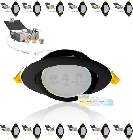 NuWatt 12 Pack, 4 Inch Black Gimbal LED Recessed Lighting, 2700K/3000K/3500K/4000K/5000K Selectable, 630LM, Dimmable, Damp Rated, Canless Adjustable Directional Lights for Sloped Ceilings, Metal J-Box in Kuwait