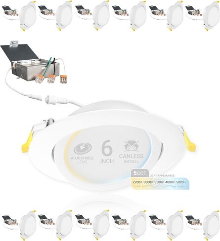 NuWatt 12 Pack, 4 Inch Black Gimbal LED Recessed Lighting, 2700K/3000K/3500K/4000K/5000K Selectable, 630LM, Dimmable, Damp Rated, Canless Adjustable Directional Lights for Sloped Ceilings, Metal J-Box in Kuwait