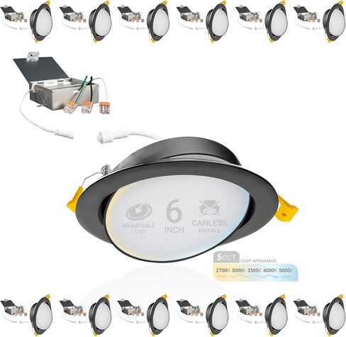 NuWatt 12 Pack, 4 Inch Black Gimbal LED Recessed Lighting, 2700K/3000K/3500K/4000K/5000K Selectable, 630LM, Dimmable, Damp Rated, Canless Adjustable Directional Lights for Sloped Ceilings, Metal J-Box in Kuwait