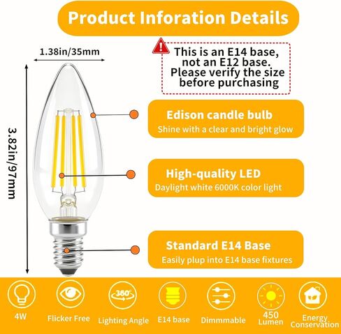 E14 European Base LED Bulbs,e14 led Candle Bulb Warm White 2700K 4W (40W Equivalent) 450LM C35 Clear Glass Torpedo Shape Bullet Top for Chandeliers, Pendant Lighting(2-Pack) in Kuwait