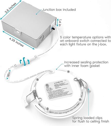 LUXRITE 4 بوصة مصباح LED رفيع للغاية مع صندوق توصيل، 10 وات، لون CCT يمكن اختياره 2700 كلفن | 3000 ألف | 3500 الف | 4000 الف | 5000 كلفن، مصابيح ويفر قابلة للتعتيم، 750 لومن، ETL ونجمة الطاقة، تصنيف IC in Kuwait