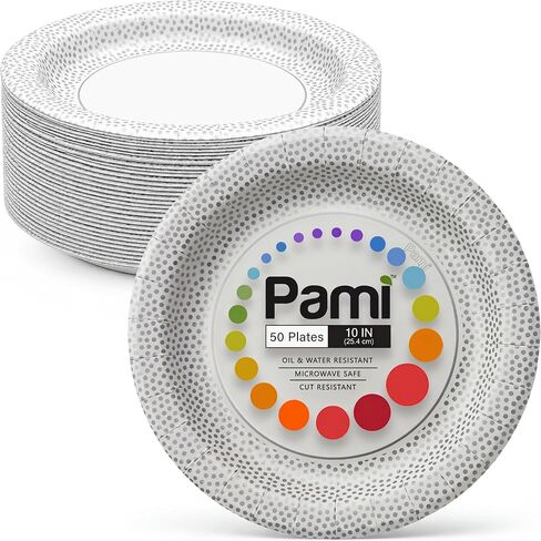 أطباق ورقية للاستعمال مرة واحدة من PAMI، مجموعة Fleked Collection، أطباق حفلات شديدة التحمل، مقاومة للزيت والماء، أطباق آمنة للاستخدام مرة واحدة في الميكروويف (لوحة 50، 10 بوصة) in Kuwait