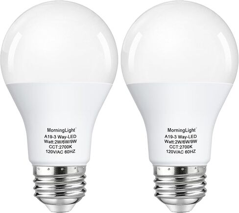 MorningLight 2 Pack A19 3-Way LED لمبات الإضاءة 10 40 60 وات مكافئة، أبيض دافئ 2700 ك، مصابيح كهربائية ثلاثية الاتجاه قابلة للتعتيم لمقبس مصباح ثلاثي الاتجاهات (مصباح طاولة/مصباح مكتب) 150/550/800LM، وليس للمصباح الذي يعمل باللمس in Kuwait