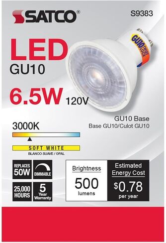 Satco Lighting 6.5 Watt LED MR16 Dimmable Light Bulb - 3000K Soft White - GU10 Bi Pin Base - 120 Volt - 40 Degree Beam Angle - Energy Star Certified (6 LED Light Bulbs) in Kuwait