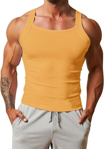 HJINGSUN Mens Tank Top Ribbed Knit Sleeveless Shirt Square Cut Muscle Fit Tank Top Lightweight Summer Workout Gym Tee in Kuwait