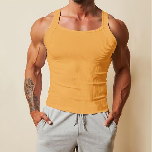 HJINGSUN Mens Tank Top Ribbed Knit Sleeveless Shirt Square Cut Muscle Fit Tank Top Lightweight Summer Workout Gym Tee in Kuwait