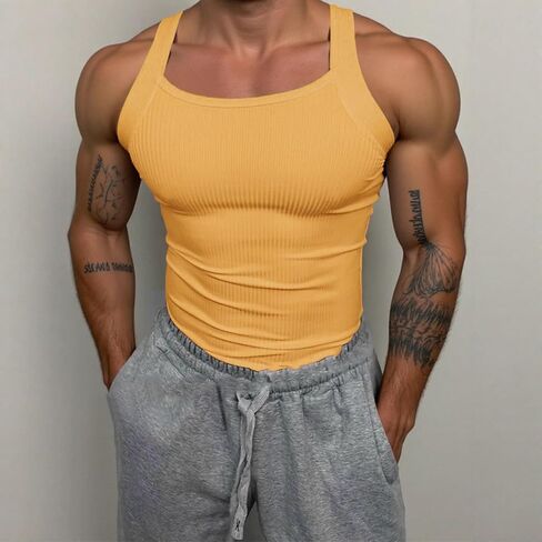HJINGSUN Mens Tank Top Ribbed Knit Sleeveless Shirt Square Cut Muscle Fit Tank Top Lightweight Summer Workout Gym Tee in Kuwait