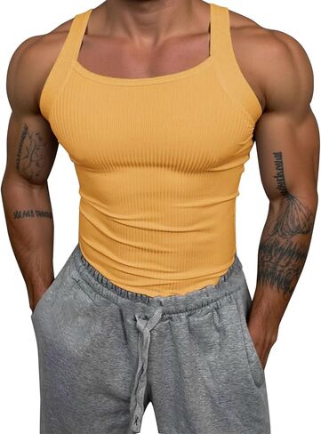 HJINGSUN Mens Tank Top Ribbed Knit Sleeveless Shirt Square Cut Muscle Fit Tank Top Lightweight Summer Workout Gym Tee in Kuwait