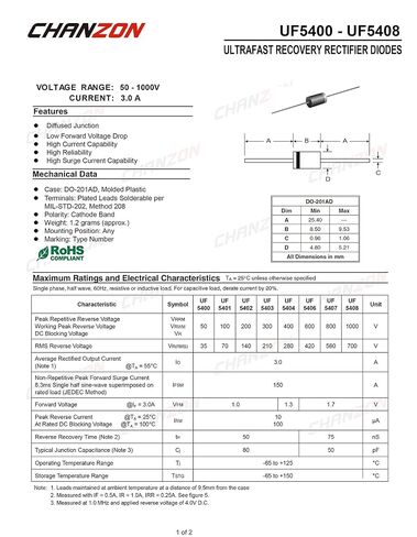 (Pack of 20 Pieces) Chanzon UF5404 Ultra Fast Recovery Rectifier Diode 3A 400V 50-75ns DO-201AD (DO-27) Axial 3 Amp 400 Volt Electronic Diodes in Kuwait