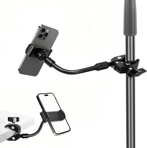 Mic Stand Phone Holder, Aluminum Alloy Clamp Flexible Gooseneck Arm Phone Holder for Microphone Stand Ring Light Tripod Pole Tube Rod Desk Table, for iPhone, Samsung Galaxy, and Any Smartphones in Kuwait