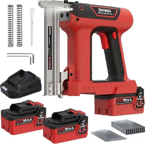21V Cordless Nail Gun - 18 Gauge 2 in 1 Battery Powered Electric Brad Nailer with 2 x 4.0Ah Batteries & Charger & 1000 Nails & 1000 Staples for DIY & Home Improvement & Wood Working (Red) in Kuwait