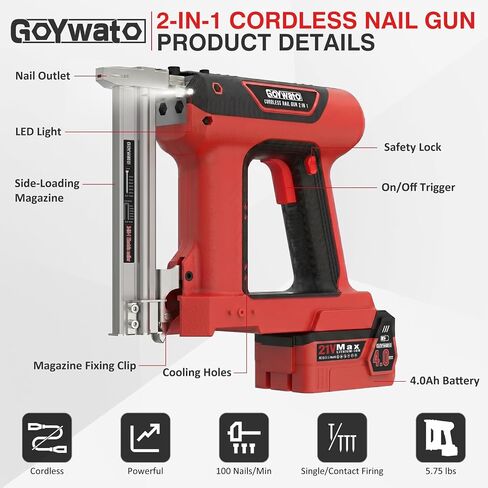 21V Cordless Nail Gun - 18 Gauge 2 in 1 Battery Powered Electric Brad Nailer with 2 x 4.0Ah Batteries & Charger & 1000 Nails & 1000 Staples for DIY & Home Improvement & Wood Working (Red) in Kuwait